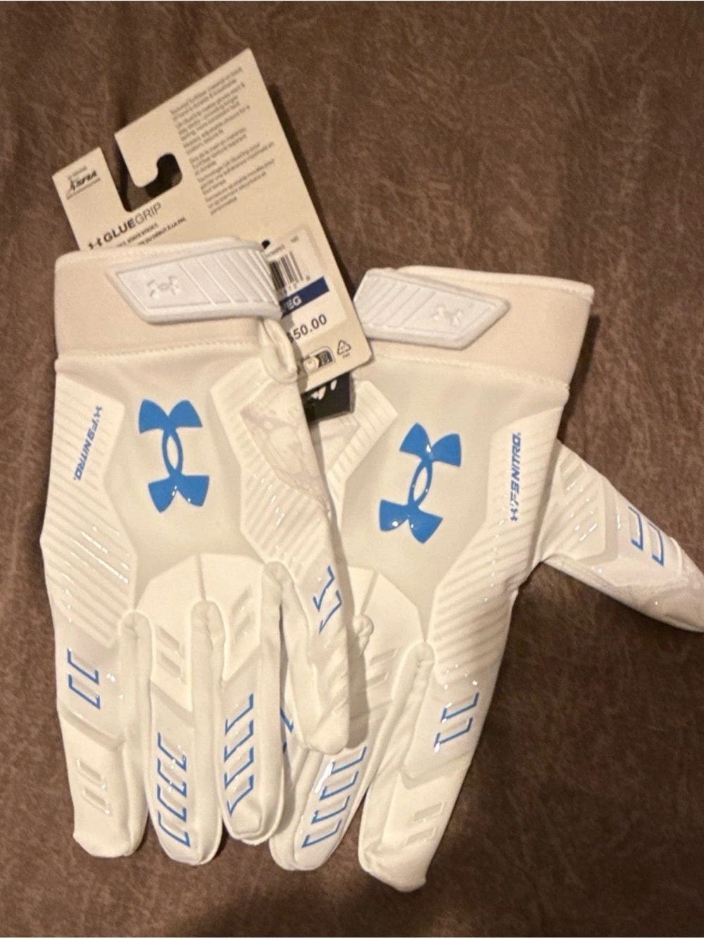 Under Armour White & Blue Football Gloves